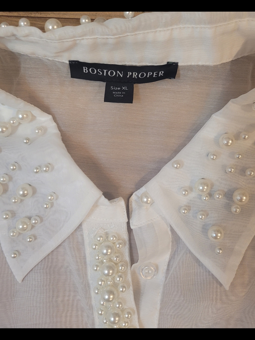 Boston Proper White Sheer Pearl Embellished Collar Blouse Shirt XL